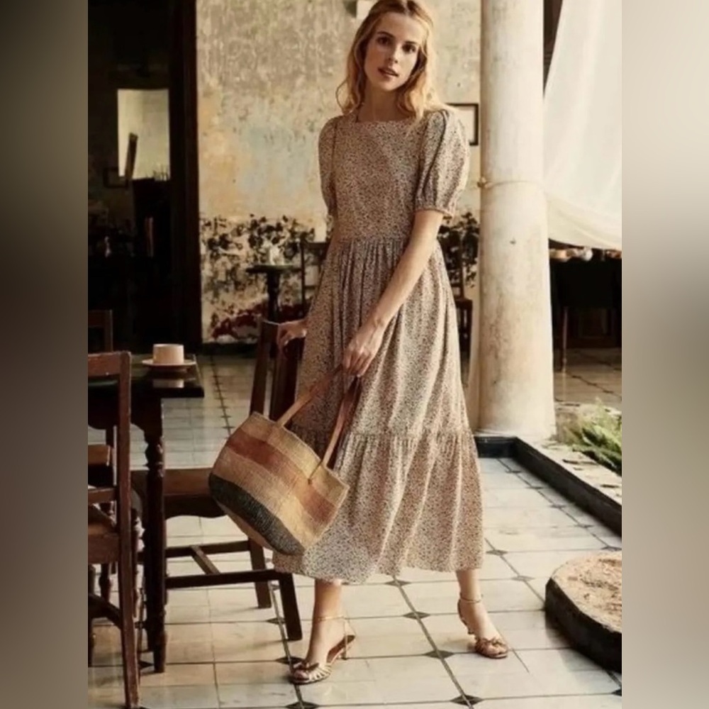 Doen Beige Floral Puff-Sleeve Midi Dress